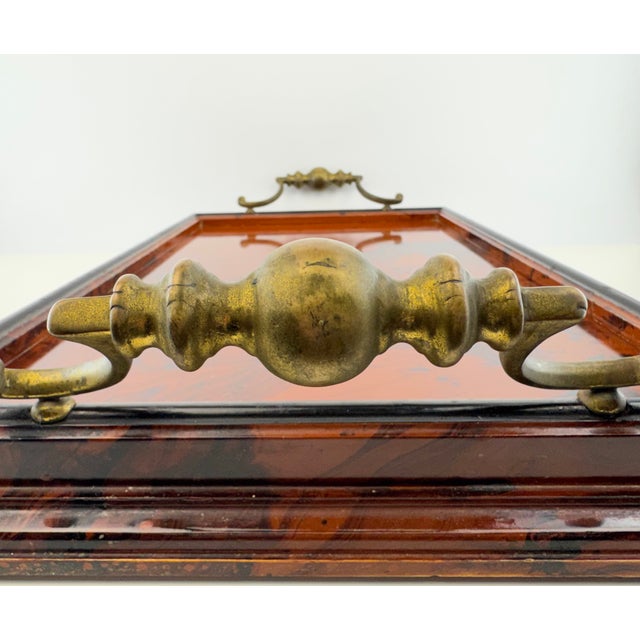 1970s Vintage Italian Faux Tortoiseshell Lacquered Wood Serving Tray With Brass Handles For Sale - Image 5 of 13