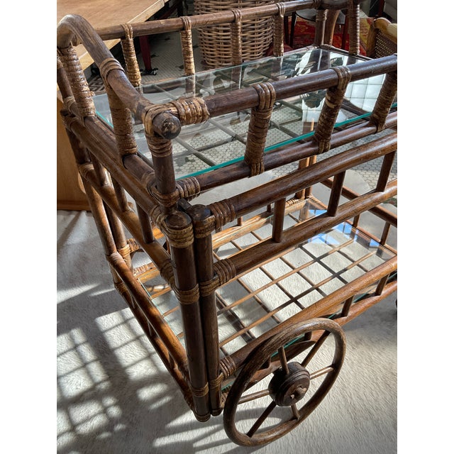 Vintage Bamboo Bar Cart With Glass Shelve & Removable Tray For Sale - Image 13 of 18