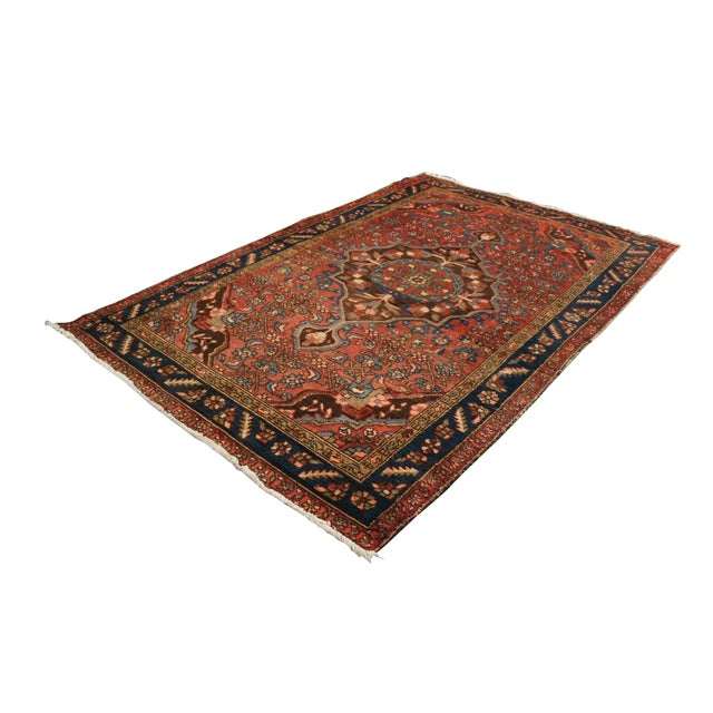 Traditional Vintage Hand Woven Geometric Floral Medallion Red & Blue Area Rug Mat 4 X 6' For Sale - Image 3 of 13