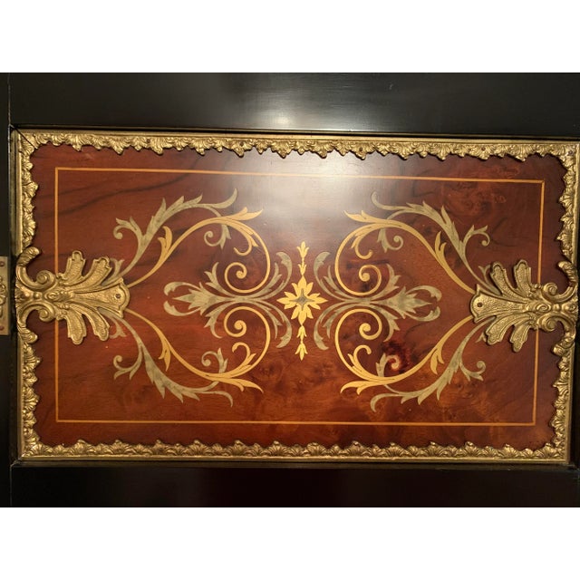 Ebony Mid 20th Century Spanish Armoire Featuring Fine Marquetry Panels and Brass Accents. For Sale - Image 8 of 10