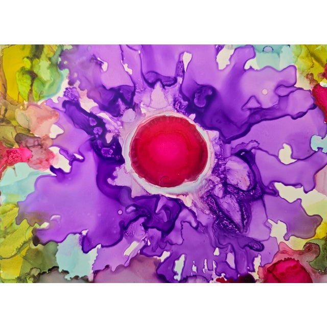 "Purple Pin Cushion Posie" Contemporary Original Abstract Botanical Ink Painting by Suzanne MacCrone Rogers For Sale