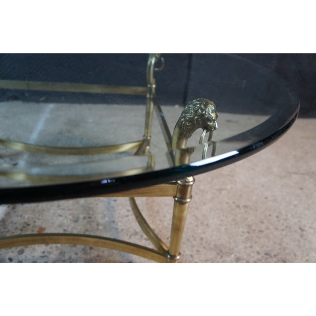 Late 20th Century Vintage Italian Regency Figural Brass Lion Head Round Glass Coffee Table 39" For Sale - Image 5 of 12