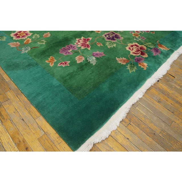 1920s Green Floral Modern Antique Chinese Art Deco Rug 8' 8"x11' 4" Handknotted Wool Carpet For Sale In New York - Image 6 of 7