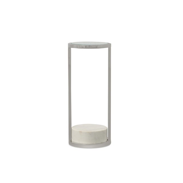 Polished nickel metal frame with clear mirror top and white/grey marble base Assembly Required? No Care Instructions: Dust...