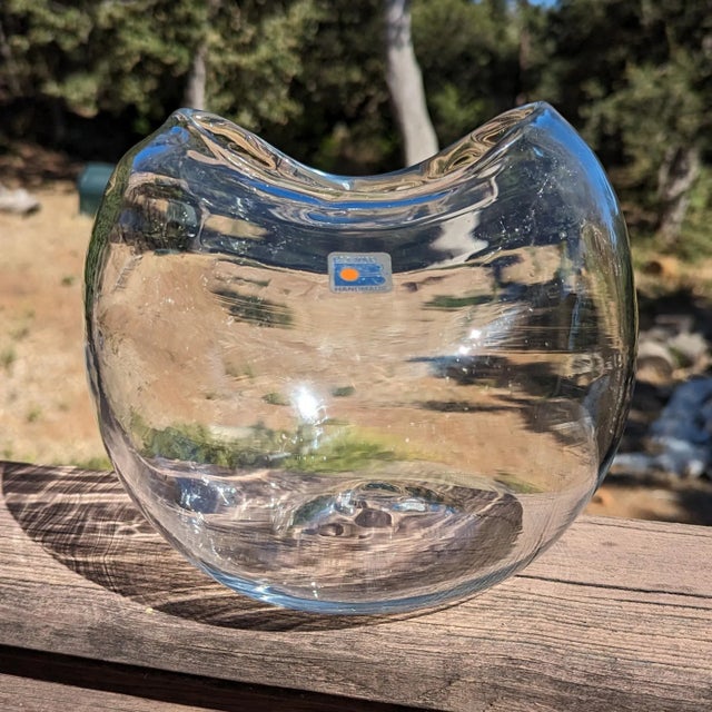Glass Blenko Art Glass Large Clear Pinched Globe Vase Rose Fish Bowl 1982-1999 For Sale - Image 7 of 12