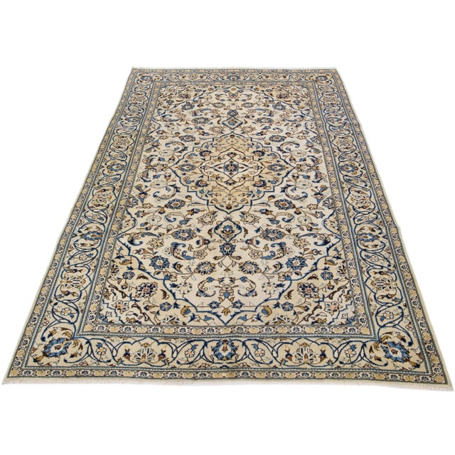 Persian 1960s Vintage Persian Kashan Handmade Beige Floral Wool Rug For Sale - Image 3 of 7