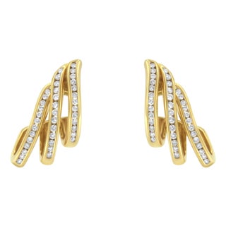 10K Yellow Gold 1.0 Cttw Round Brilliant Cut Diamond Spiral Multi Row Channel Set Open Hoop Pushback Stud Earrings (H-I Color, I1-I2 Clarity) For Sale