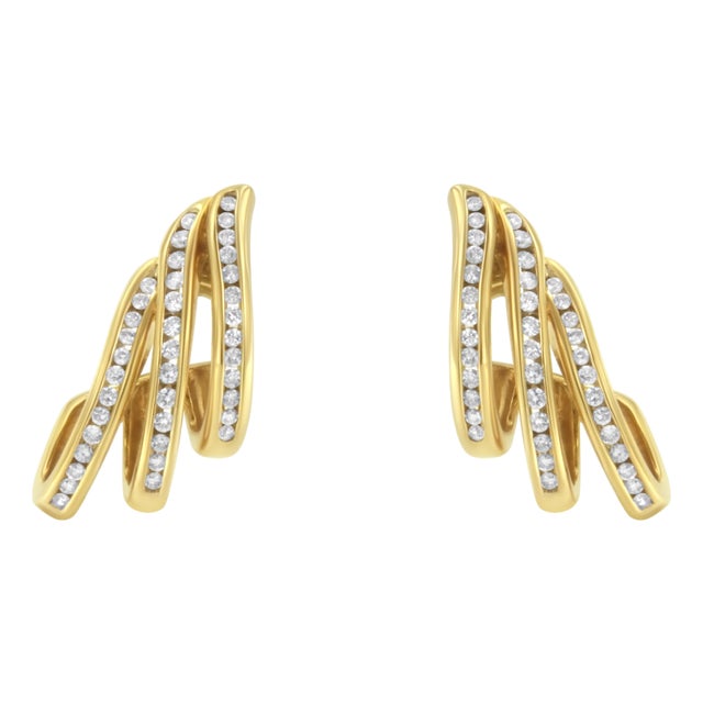 10K Yellow Gold 1.0 Cttw Round Brilliant Cut Diamond Spiral Multi Row Channel Set Open Hoop Pushback Stud Earrings (H-I Color, I1-I2 Clarity) For Sale