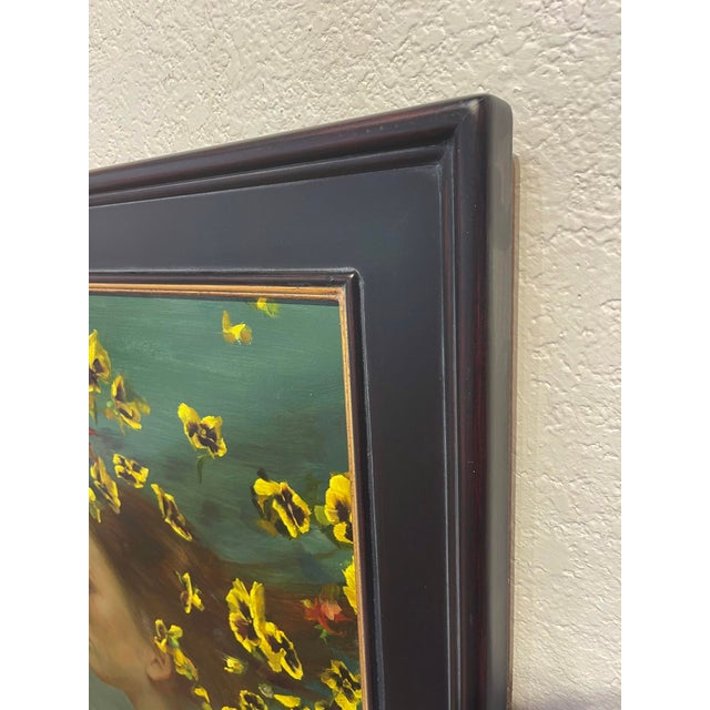 Contemporary Yellow Breeze by Michael Van Zeyl | Oil Painting of a woman with flowers in her hair For Sale - Image 3 of 3