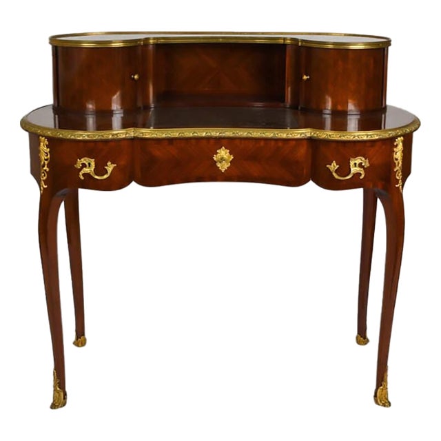French Style Mahogany Ladies Desk With Ormolu Mounts and Upper Gallery For Sale