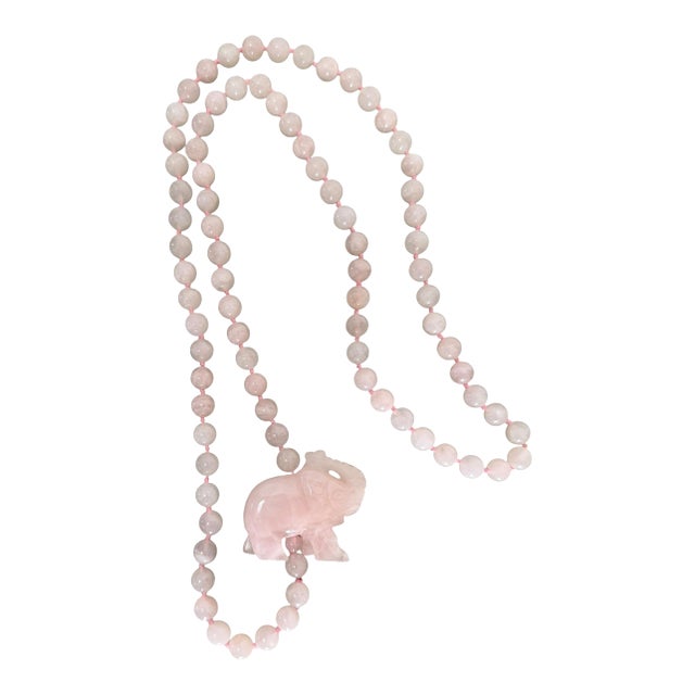 Long Vintage Rose Quartz Knotted Necklace With Carved Elephant For Sale