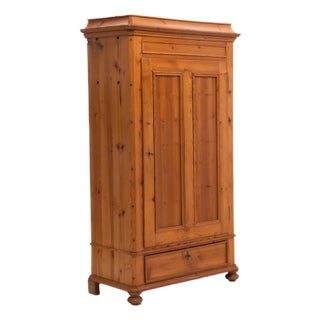 Scandinavian Single Door Pine Wardrobe Pagoda Crown Bun Feet Two Keys Original Condition 1880s For Sale