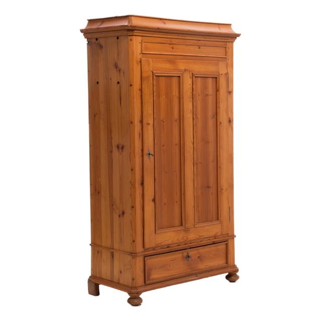 Scandinavian Single Door Pine Wardrobe Pagoda Crown Bun Feet Two Keys Original Condition 1880s For Sale