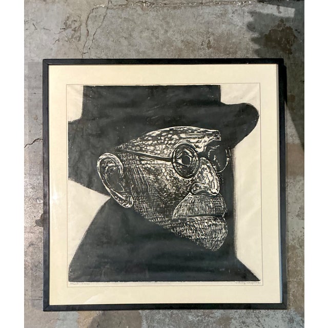 Vintage Black and White Framed Woodcut of Sigmund Freud For Sale In West Palm - Image 6 of 12
