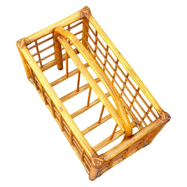 Restored Mid 20th Century Geometric Reed Rattan Pattern Rattan Magazine Rack For Sale In Los Angeles - Image 6 of 9