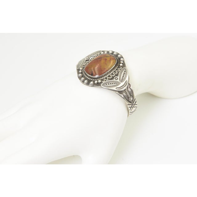 Silver Vintage Southwestern Native American Style Petrified Wood Sterling Silver Cuff Bracelet For Sale - Image 8 of 9