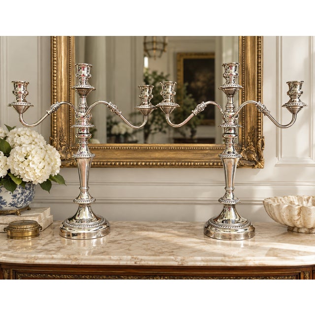 Impressive pair of antique English Old Sheffield Plate three-light candelabra in the George III taste, dating to the early...