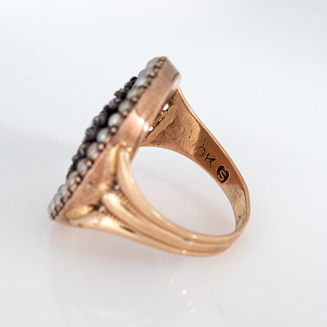 Metal Antique Victorian Diamond Pearl Ring 10k Rose Gold Sz 5 Blue Enamel Jewelry For Sale - Image 7 of 7