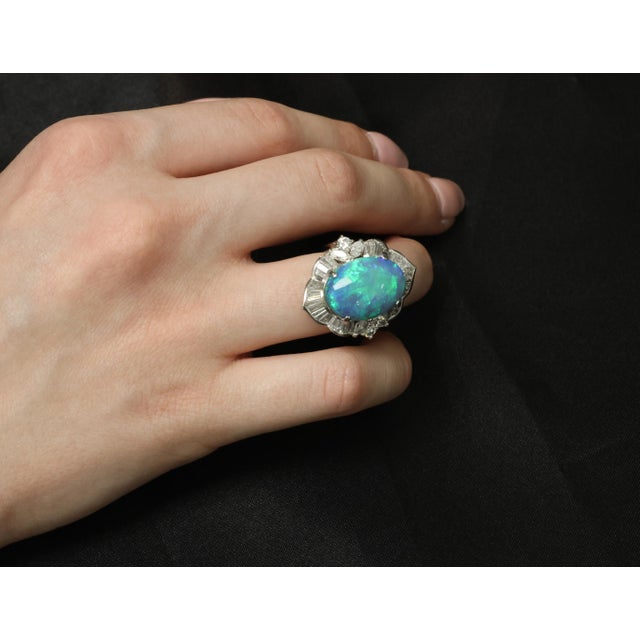 Late 20th Century Fine 7.41ct Natural Untreated Black Opal 2.06ct Diamond Platinum Ring Size 6 For Sale - Image 18 of 18