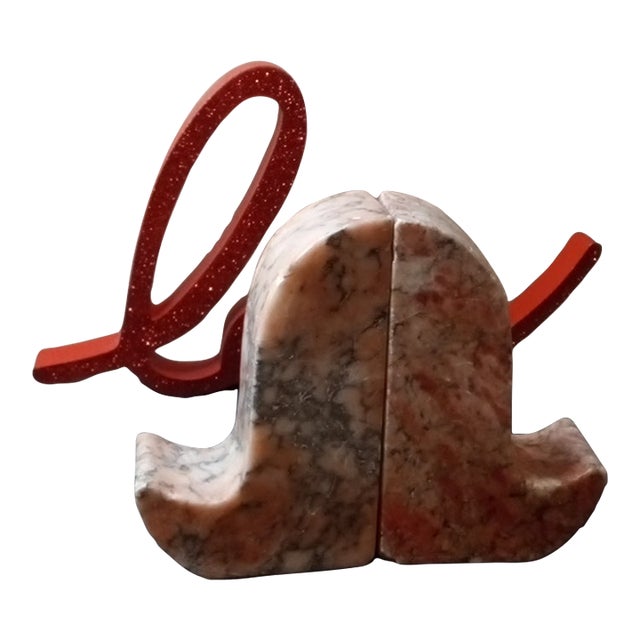 1970s Pink Variegated Alabaster Pair of Fleur Dis Lis Bookends From Italy - a Pair For Sale