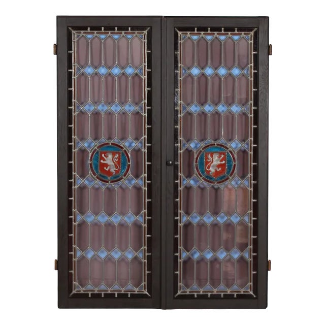 Leaded Windows with Colored Panes in Frame of Dark Wood, Denmark, 1930s, Set of 2 For Sale