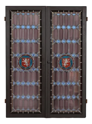 Leaded Windows with Colored Panes in Frame of Dark Wood, Denmark, 1930s, Set of 2