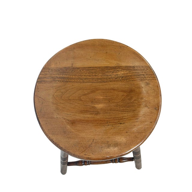 Antique Country Round Wooden Stool With Turned Legs and Stretchers For Sale - Image 12 of 18