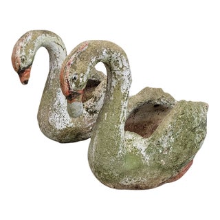 Pair, Vintage Concrete Swan Garden Planters For Sale