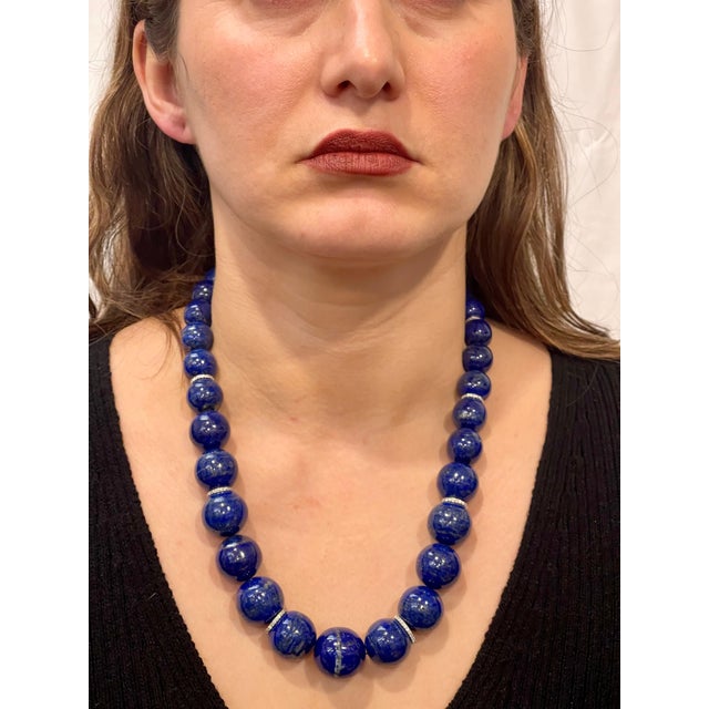 Certified Vintage Lapis Lazuli Single Strand Diamond Necklace 14 Kt White Gold For Sale In New York - Image 6 of 18