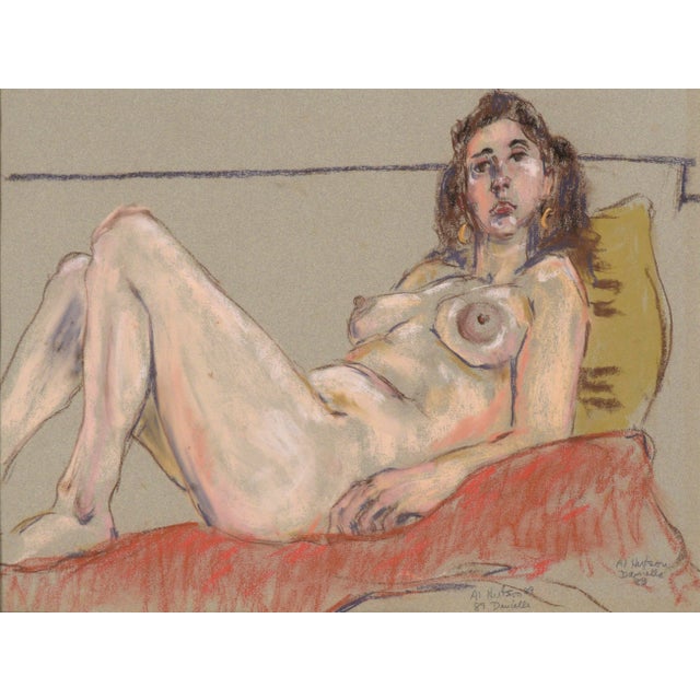 Bold nude pastel drawing by Albert Hutson (American, 1923-1994). A woman is reclined on a soft red surface, leaning up...