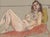 Bold nude pastel drawing by Albert Hutson (American, 1923-1994). A woman is reclined on a soft red surface, leaning up...