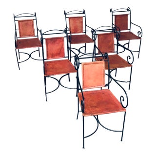 Wrought Iron and Leather Swirl Dining Chairs, Spain, 1960s, Set of 6 For Sale