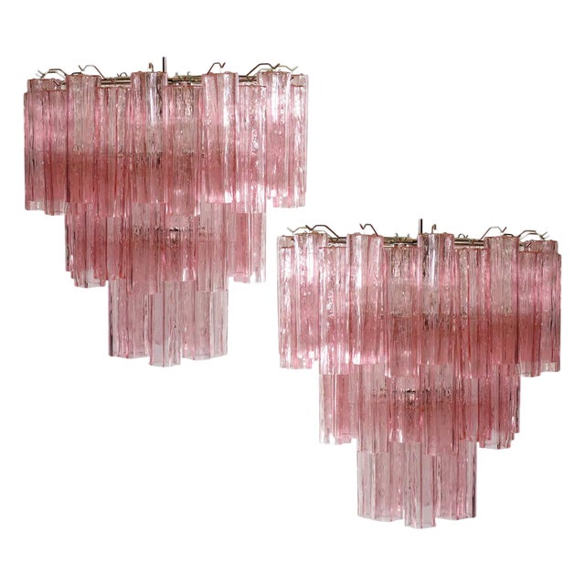 Tronchi Chandeliers with 48 Pink Murano Glass, 1990, Set of 2 For Sale
