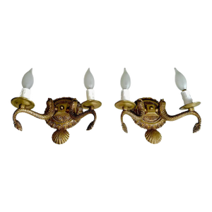 Pair Neoclassic Dolphin Shell Brass Wall Sconces