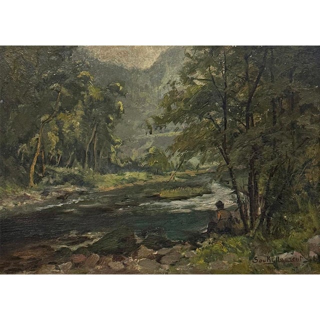 Framed Oil Painting on Panel by Laurent Souky (1914–2005), 'au Bord du Lesse' captures the quiet beauty of the Lesse River...