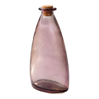Vintage Handblown Amethyst Studio Glass Bottle Sculpture With Cork – 10.5” Modern Art Glass For Sale