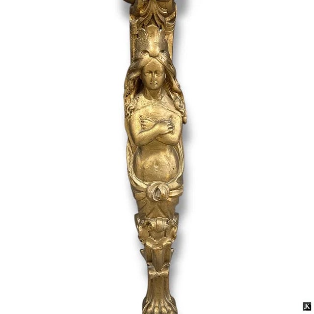 Vintage French Gilt Wood Figural Marble top Console. Unsigned. Good vintage condition with wear and rubbing consistent...