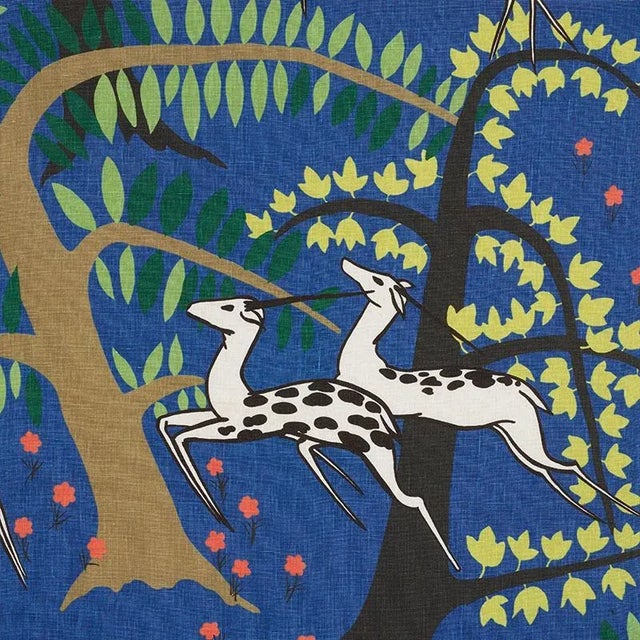 Sample - Schumacher X Paul Poiret Antelopes Fabric in Cobalt For Sale