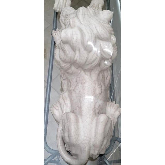 White Large Pair of Recumbent Glazed Ceramic Lions - Statement Pieces For Sale - Image 8 of 11