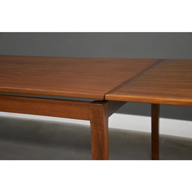 Mid-Century Modern Refinished 71” to 126” Danish Modern Teak Draw Leaf Dining Table For Sale - Image 3 of 11