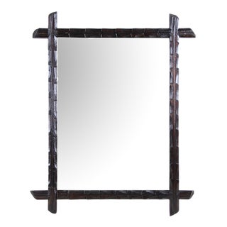 Rustic Hand Carved Wood & Brass Black Forest Wall Mirror, 1880s For Sale