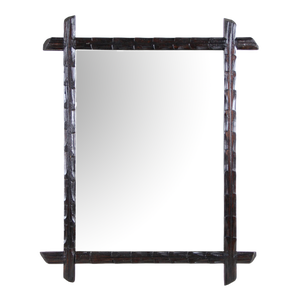Rustic Hand Carved Wood & Brass Black Forest Wall Mirror, 1880s