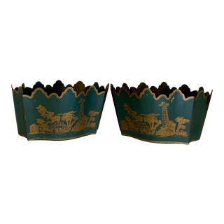 French Toleware Chinoiserie Cachepot Planters - Set of 2 For Sale