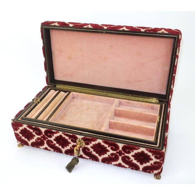 Vintage Italian Leather & Ruby Red Cut Velvet Jewelry Box For Sale - Image 9 of 15