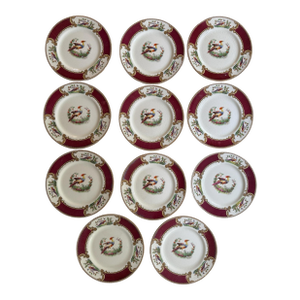 1940s Myott Chelsea Bird Dinner Plates Made in England Burgundy Transferware - Set of Eleven (11) 9 Inch