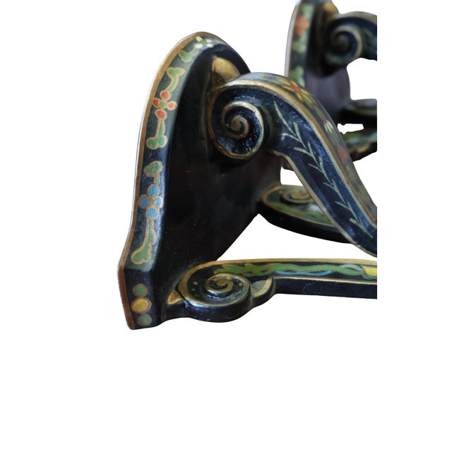 Black Pair of Vintage Indian Hand-Painted Floral Wood Wall Bracket Shelves For Sale - Image 8 of 15