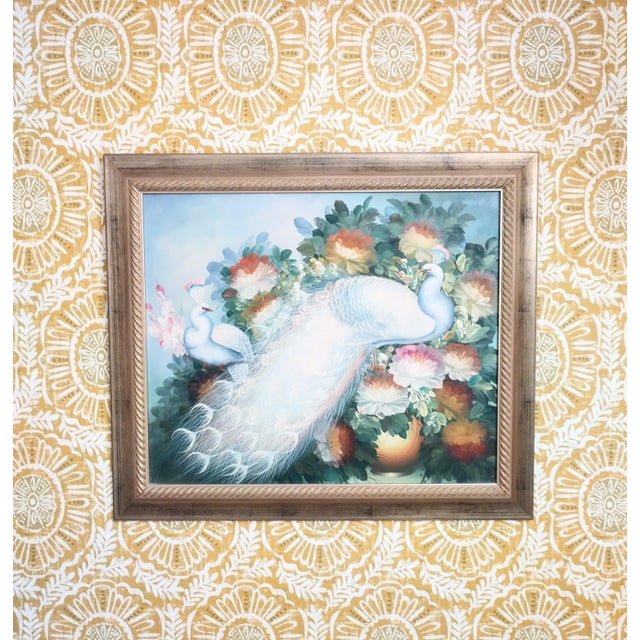 White Hand Painted Oil on Canvas Peacock Colorful Framed Art Wall Painting For Sale - Image 8 of 10