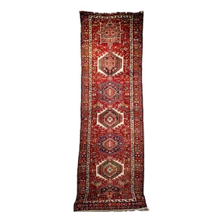 Antique Persian Heriz Karajeh Runner, Hand-Knotted Wool, Geometric Medallion Pattern, Red & Navy, 4x14 For Sale