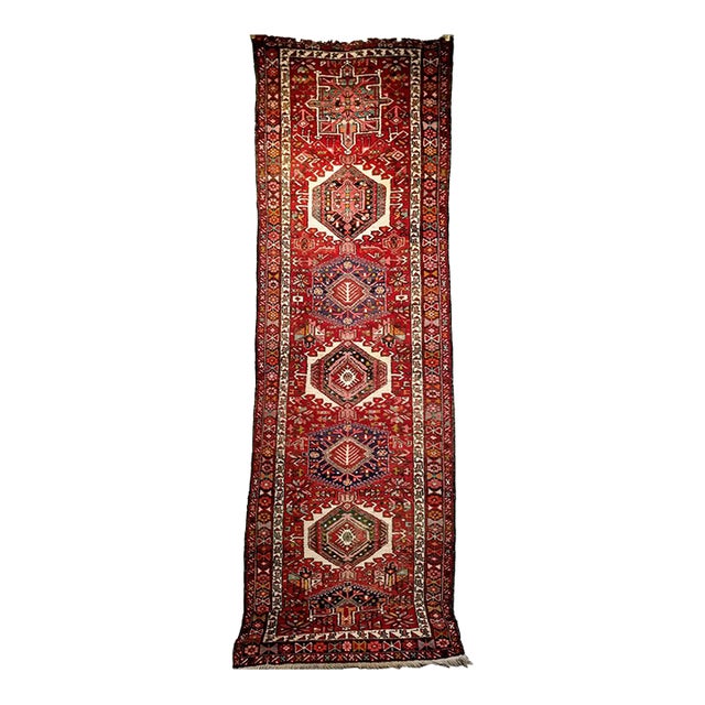 Antique Persian Heriz Karajeh Runner, Hand-Knotted Wool, Geometric Medallion Pattern, Red & Navy, 4x14 For Sale