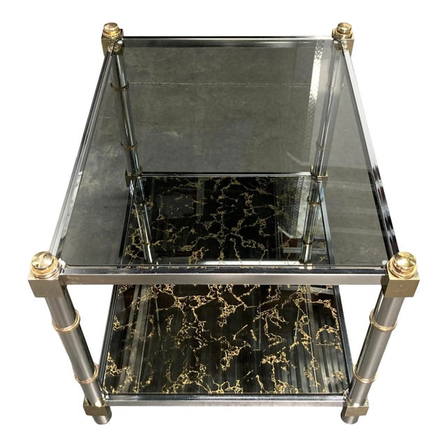 Fine pair of Jansen directore style tables in chrome, brass, smoked glass, with acid drip bronze mirrored lower, mirror...
